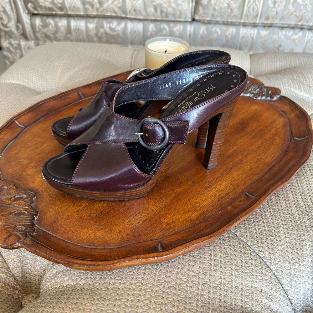 Yves Saint Laurent Women's Brown / Burgundy Wooden Heeled Sandals Size 9 - Picture 4 of 13